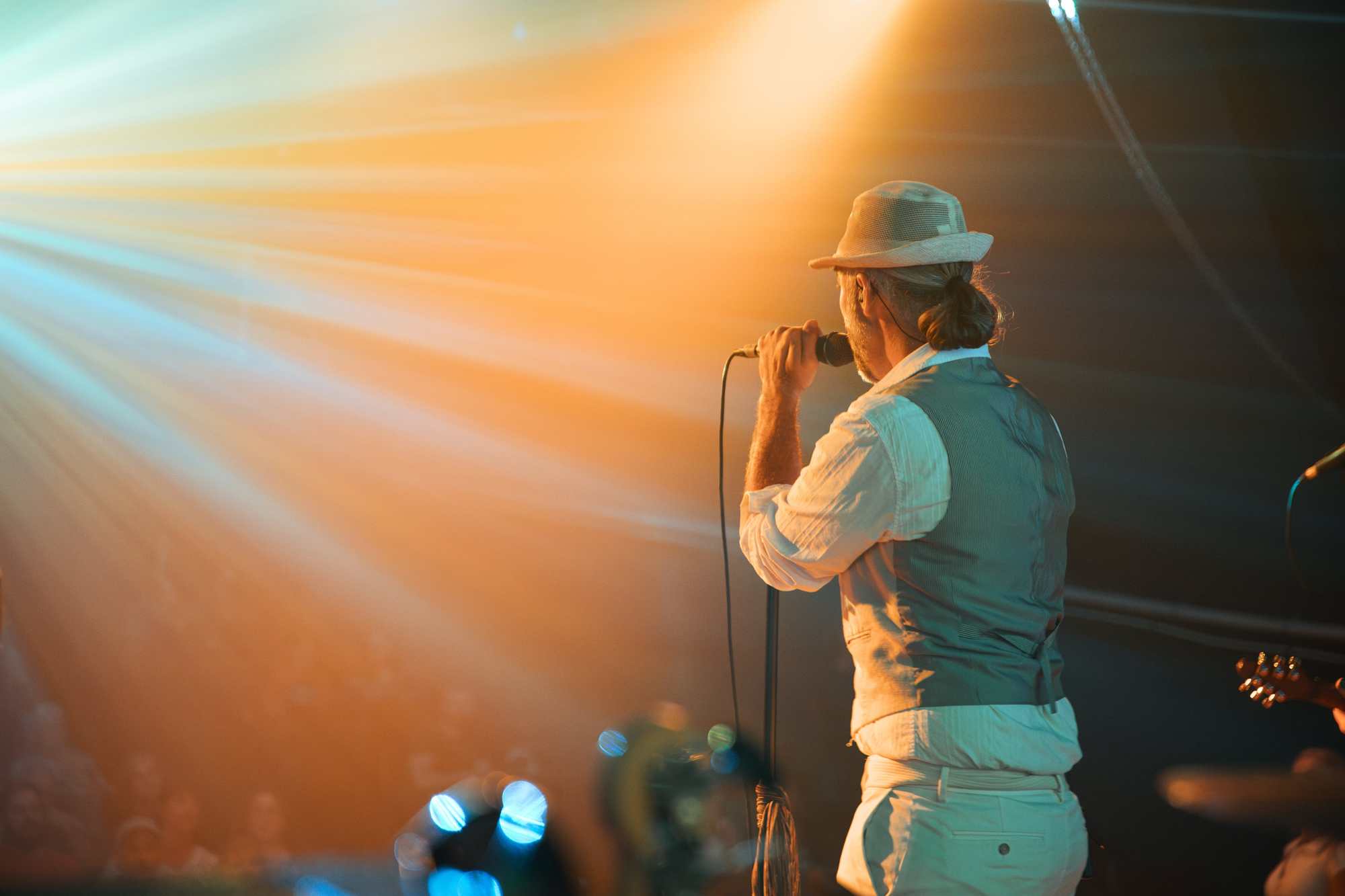 A singer on a warmly lit stage, seen from behind